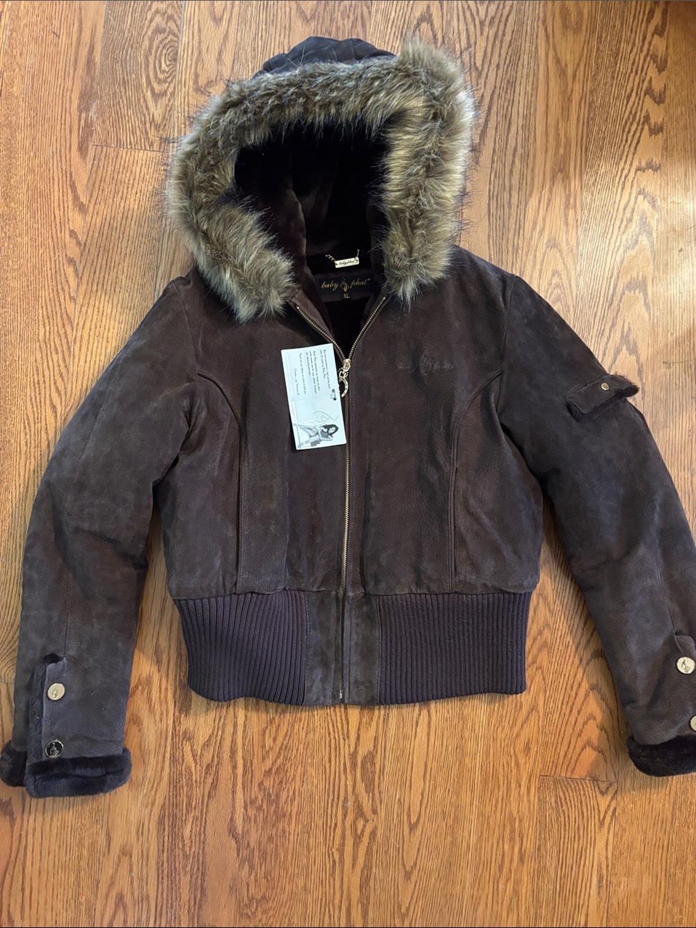 NWT Vintage Baby Phat Brown Faux-Suede Hooded Puffer with Faux-Fur Trim